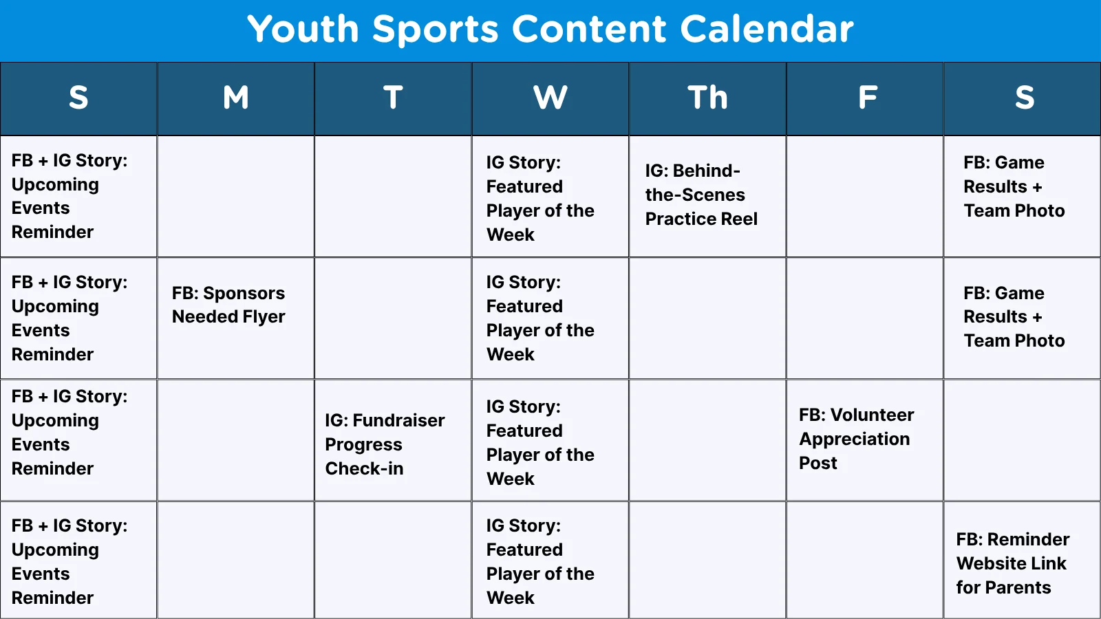 A youth sports social media content calendar
