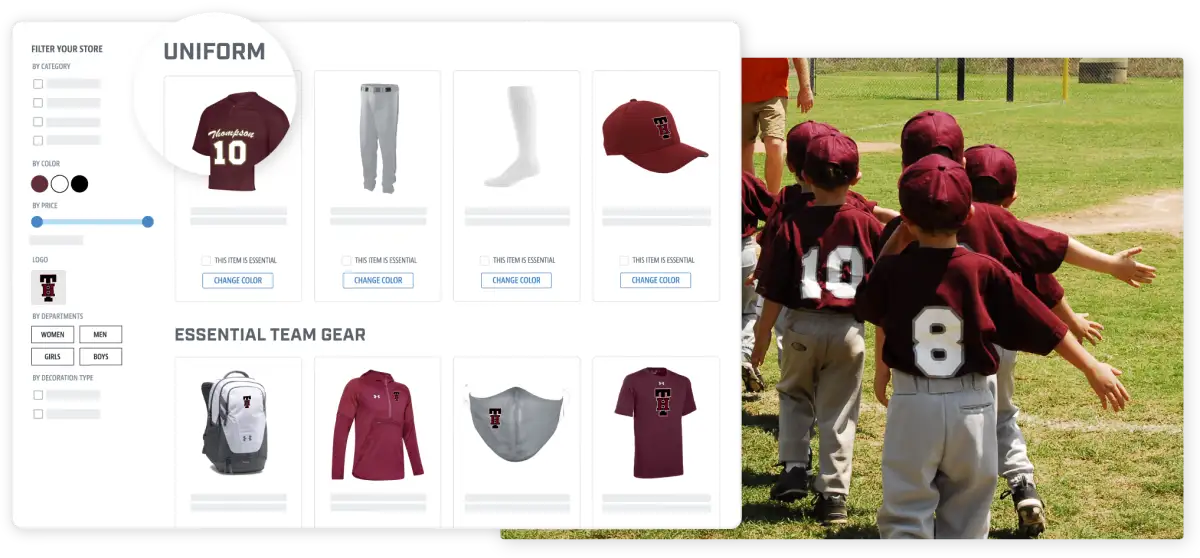 a SquadLocker online store for a youth baseball team
