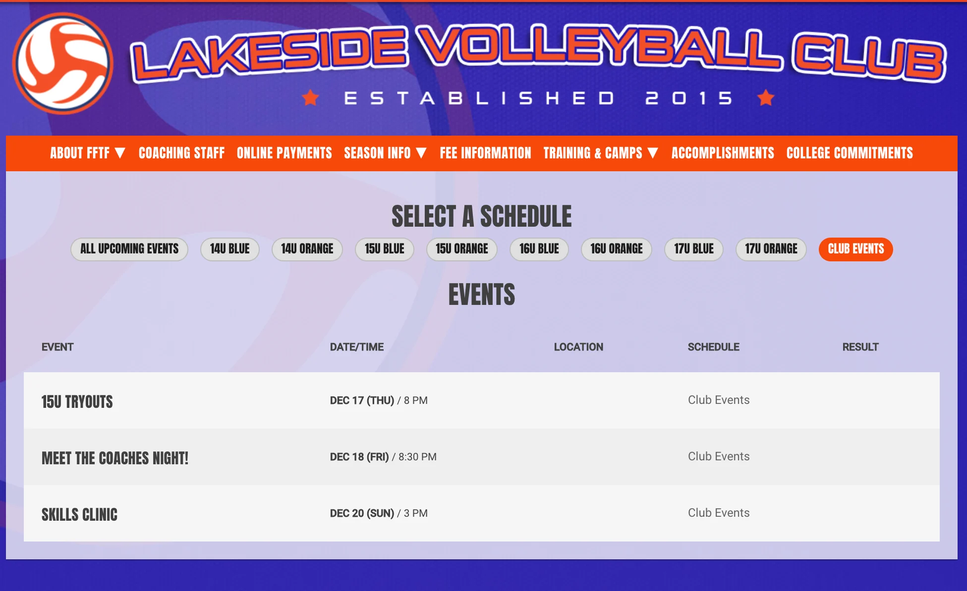 club volleyball team events on a website