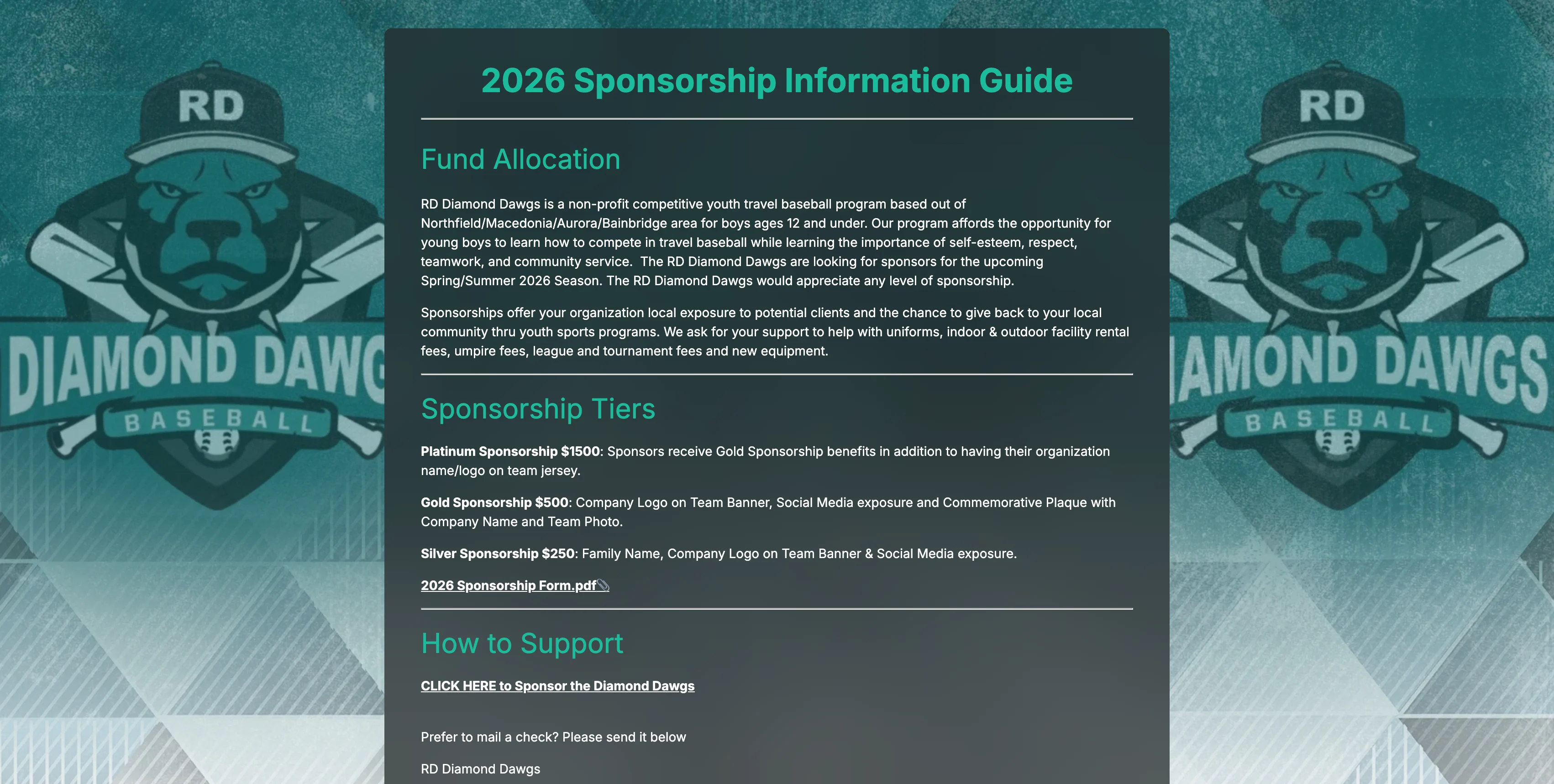 A screenshot of a baseball sponsorship page with more information