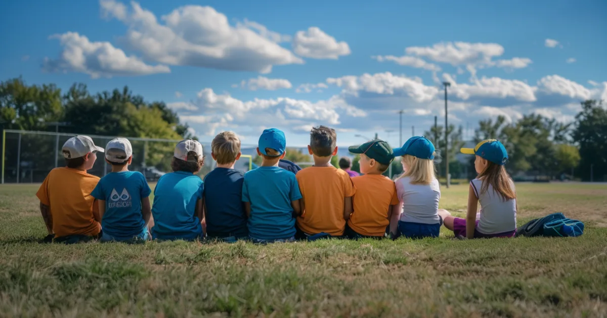 Youth athletes sitting outside in the grass