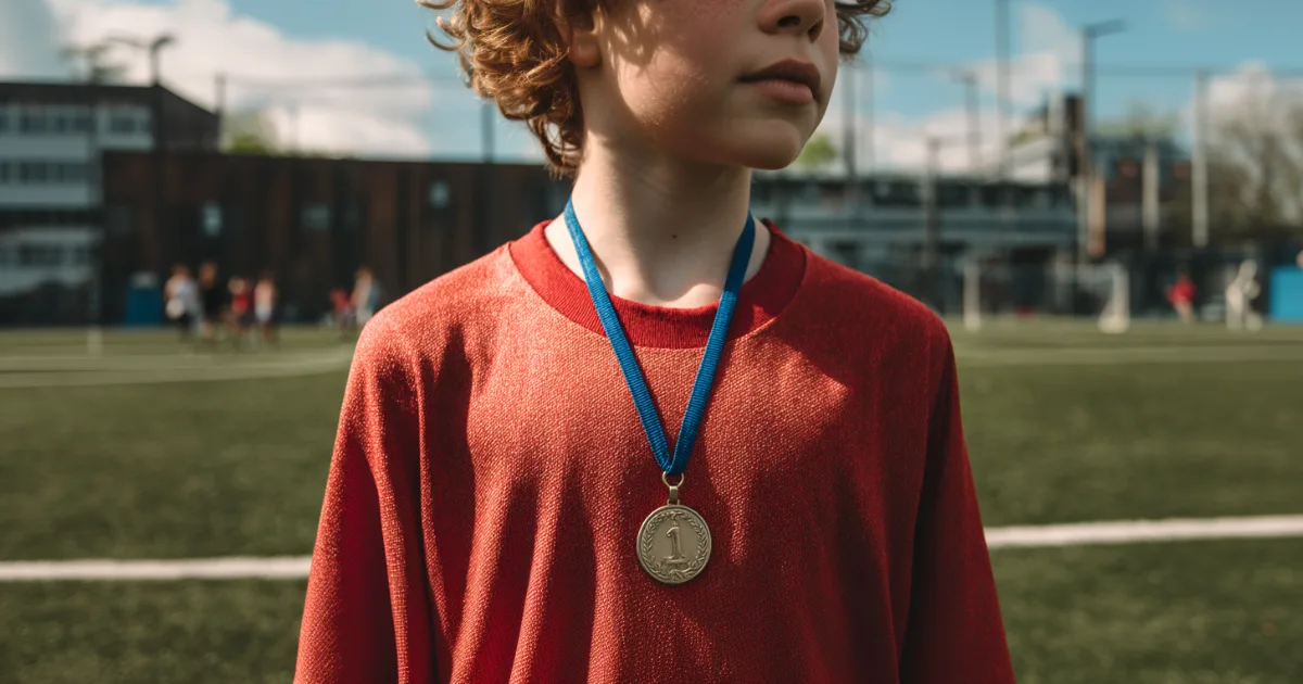 A youth sports athlete wearing a first place medal around his neck