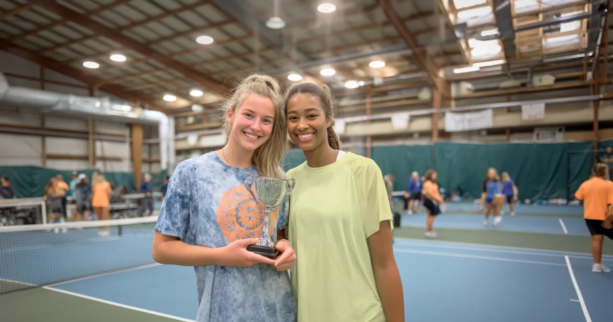 Two pickleball players at a tournament holding a trophy