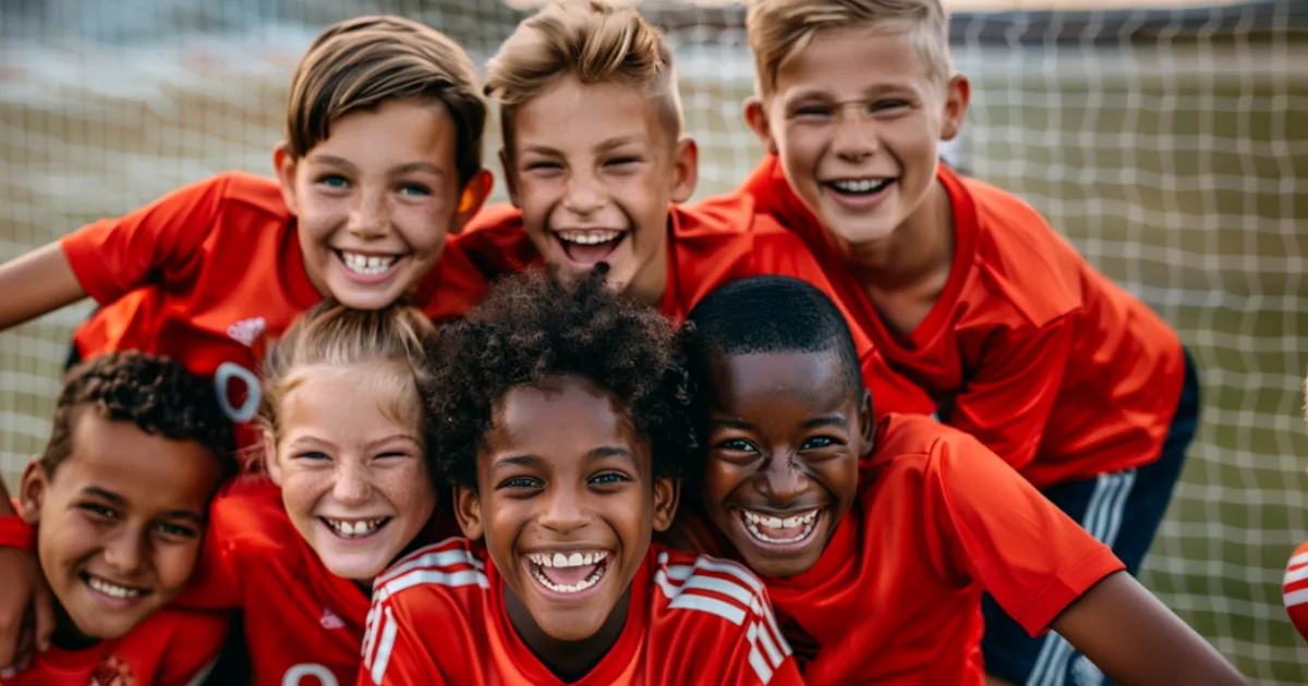 Youth soccer players smiling in a huddle