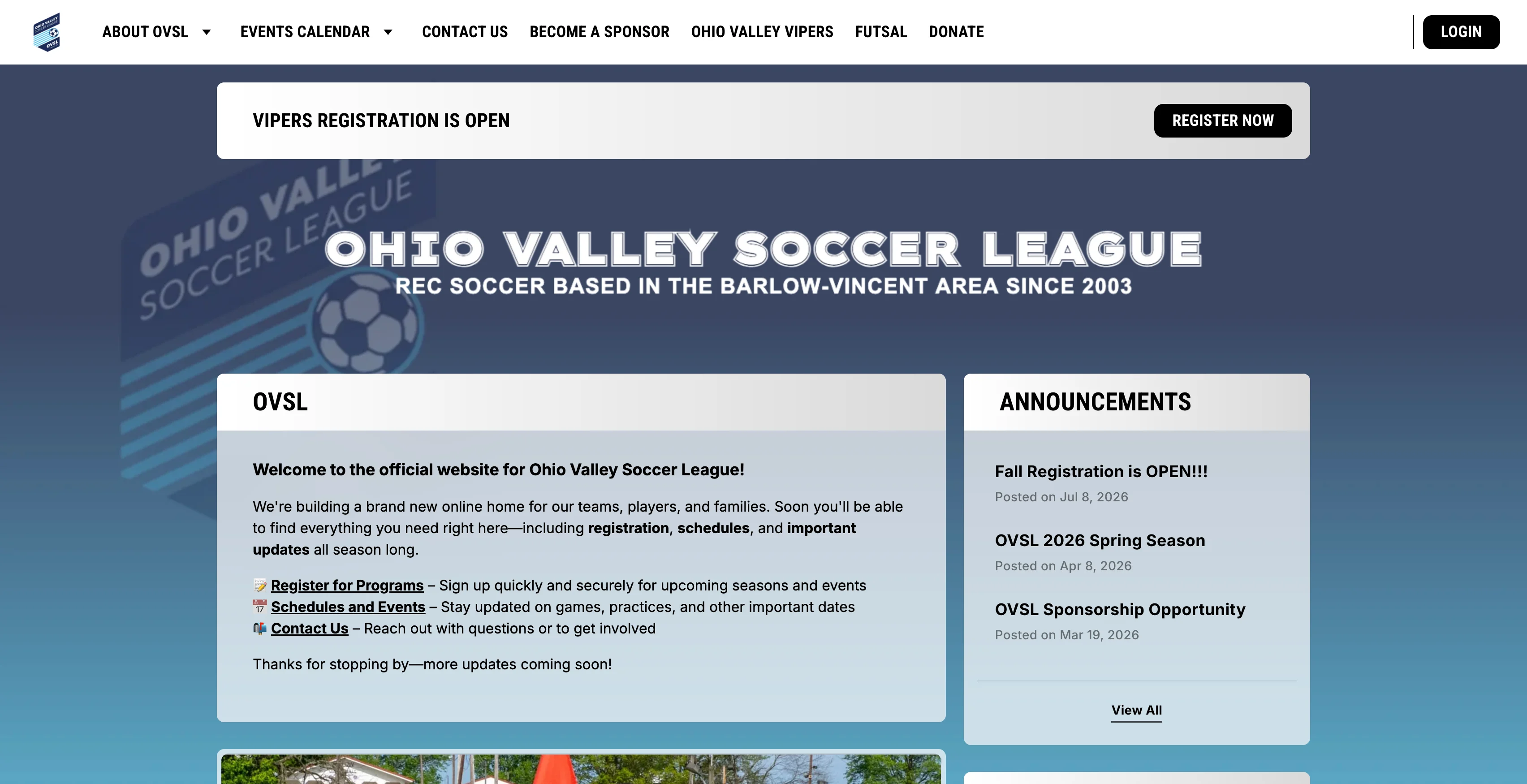 A screenshot of the Ohio Valley Soccer League website homepage