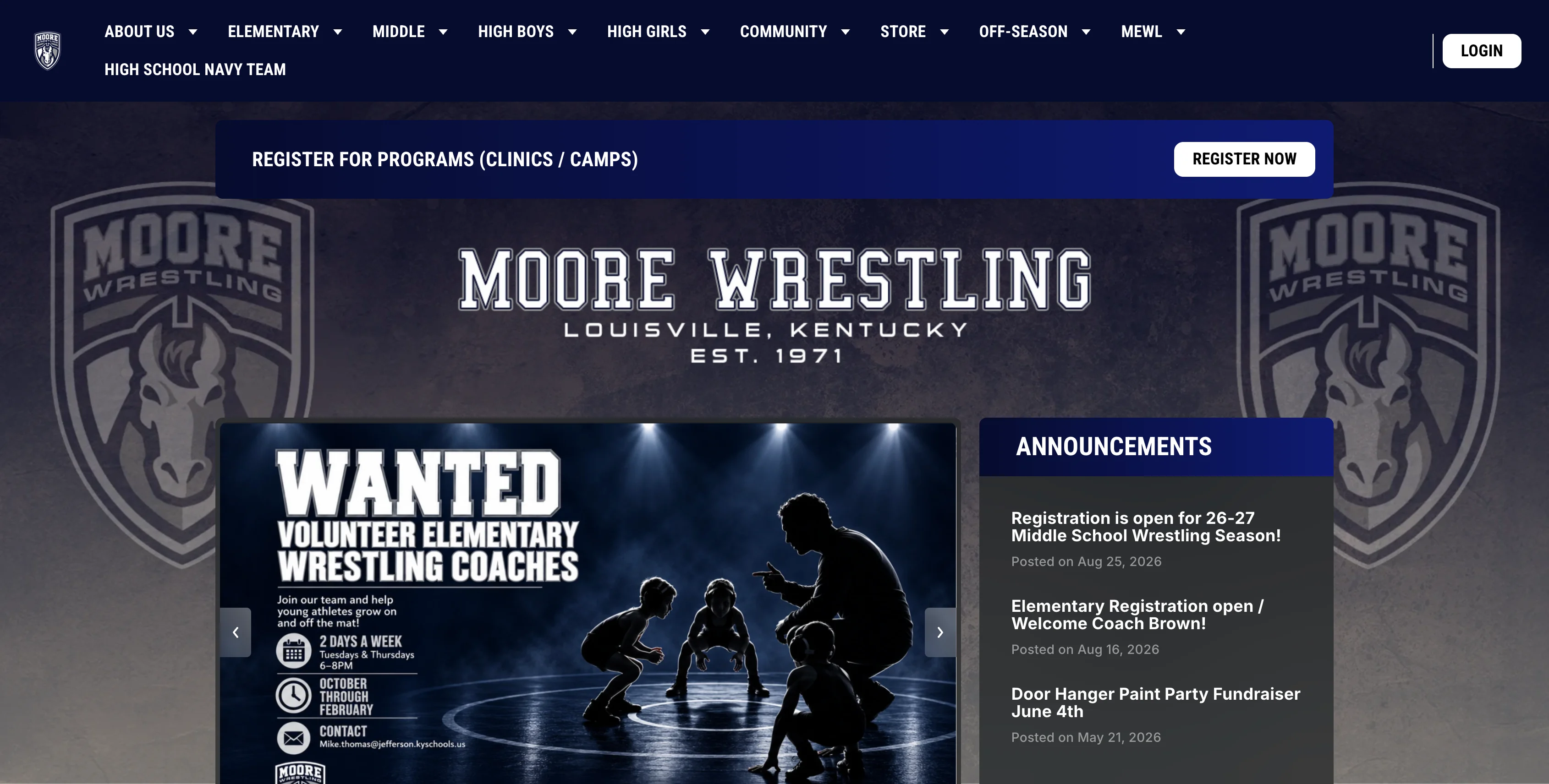 A screenshot of Moore Wrestling website homepage and top navigation