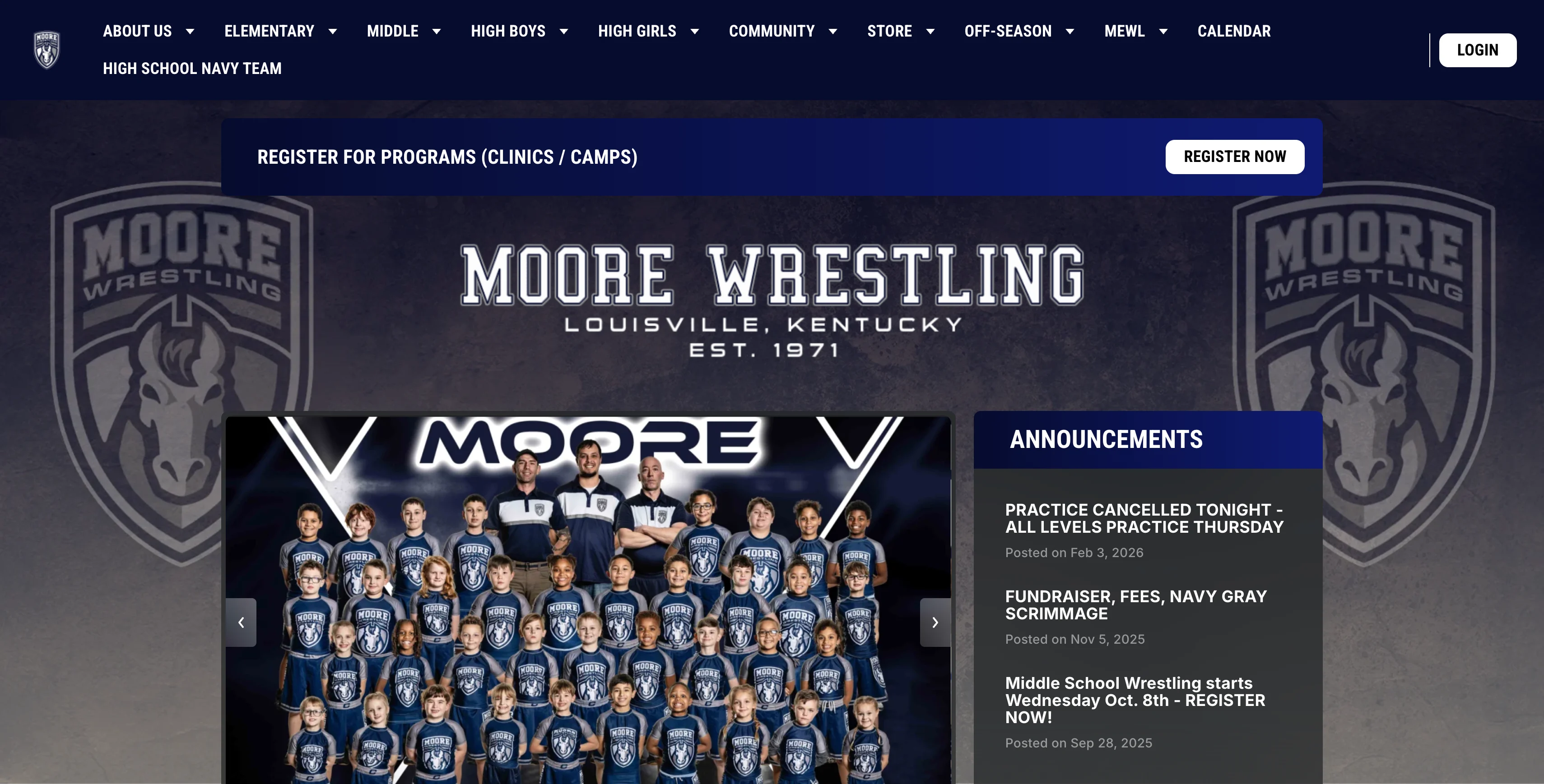 A screenshot of Moore Wrestling website homepage and top navigation