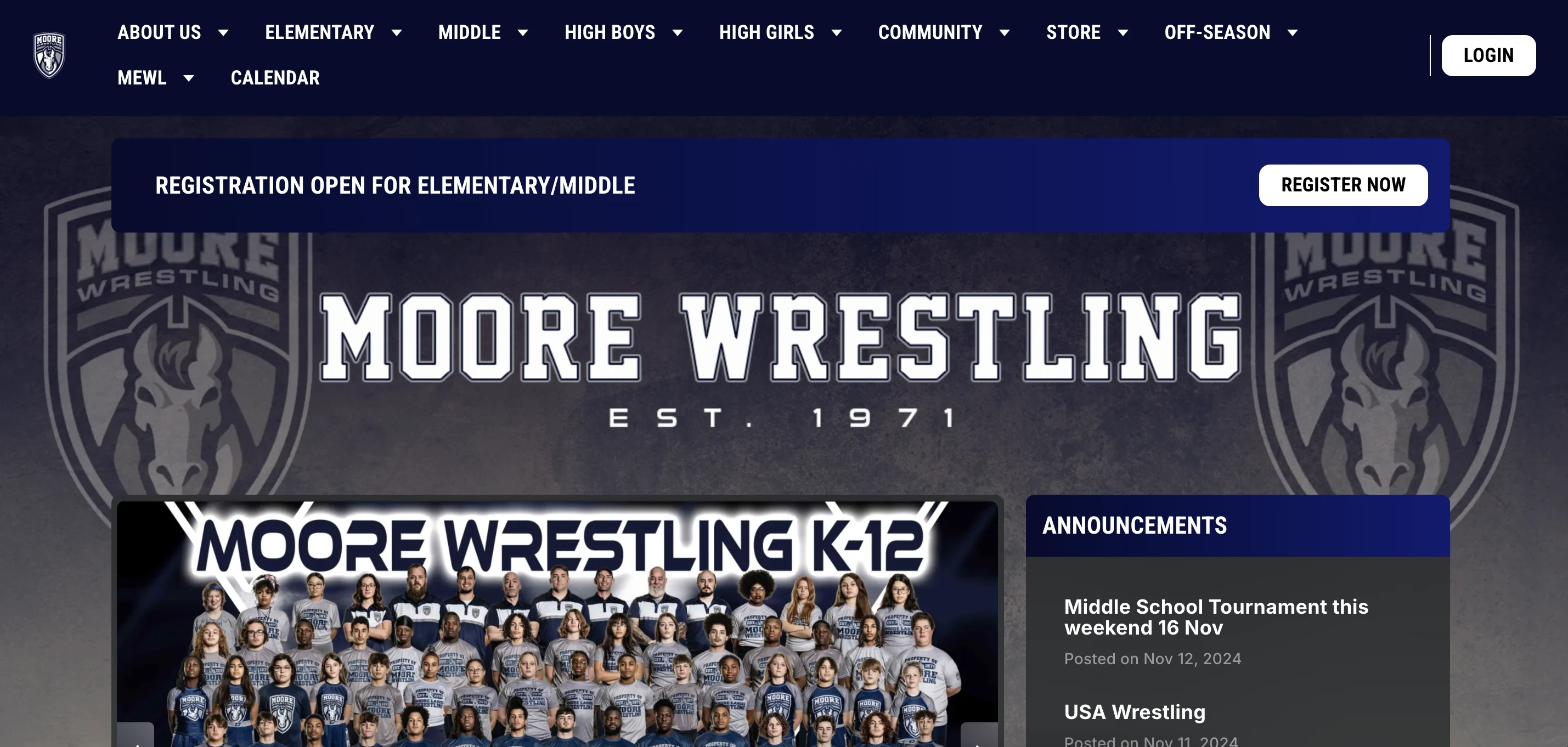 Moore Wrestling homepage and top navigation