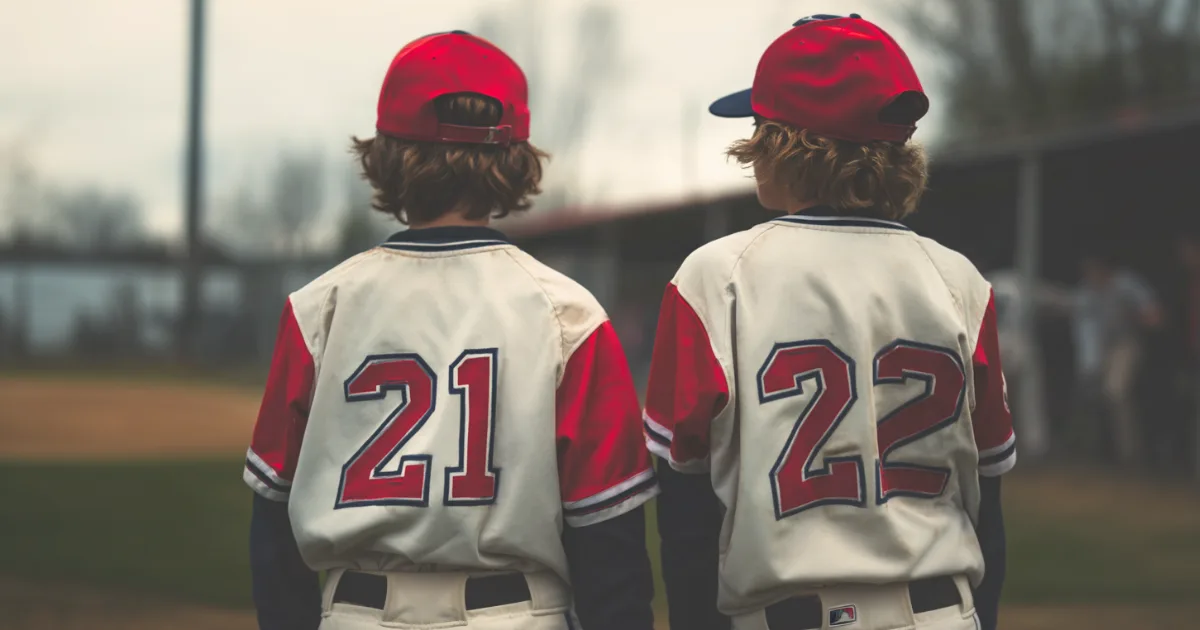 Two youth baseball players with their backs to the camera before a game