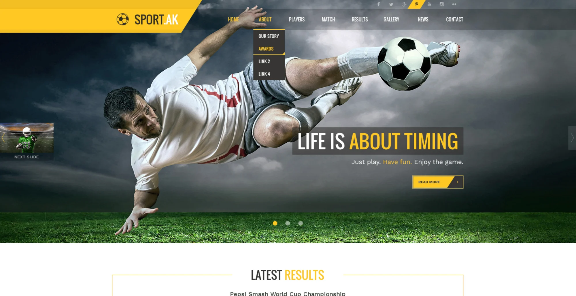 Soccer player performing an overhead kick on a sport-themed website homepage.