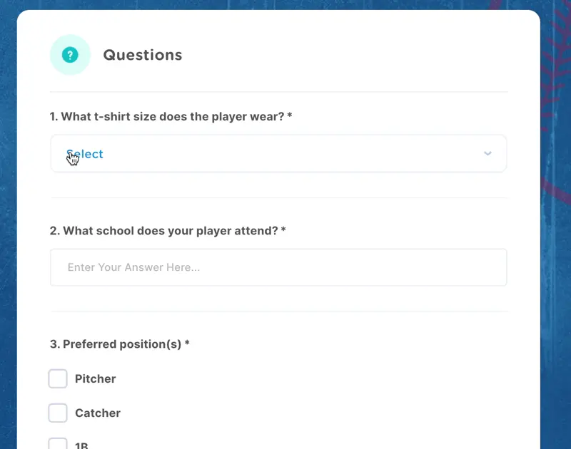 custom questions in a youth baseball registration form template