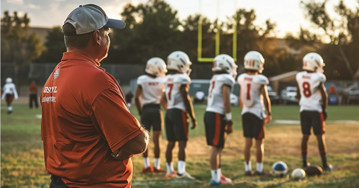 A youth football coach standing and watching his youth athletes