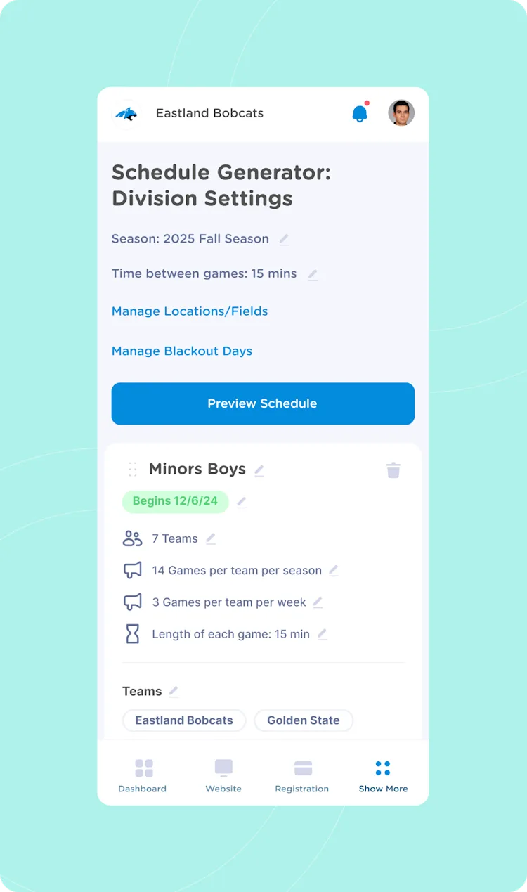 Youth sports events manager on mobile device