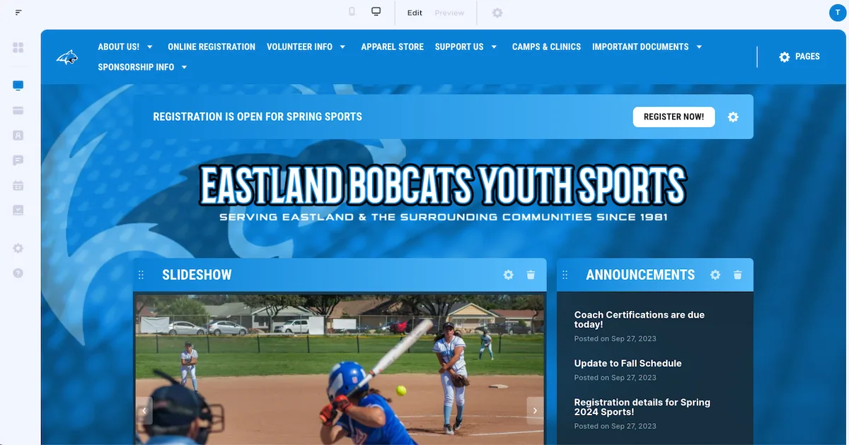 a youth sports website builder with registration and messaging