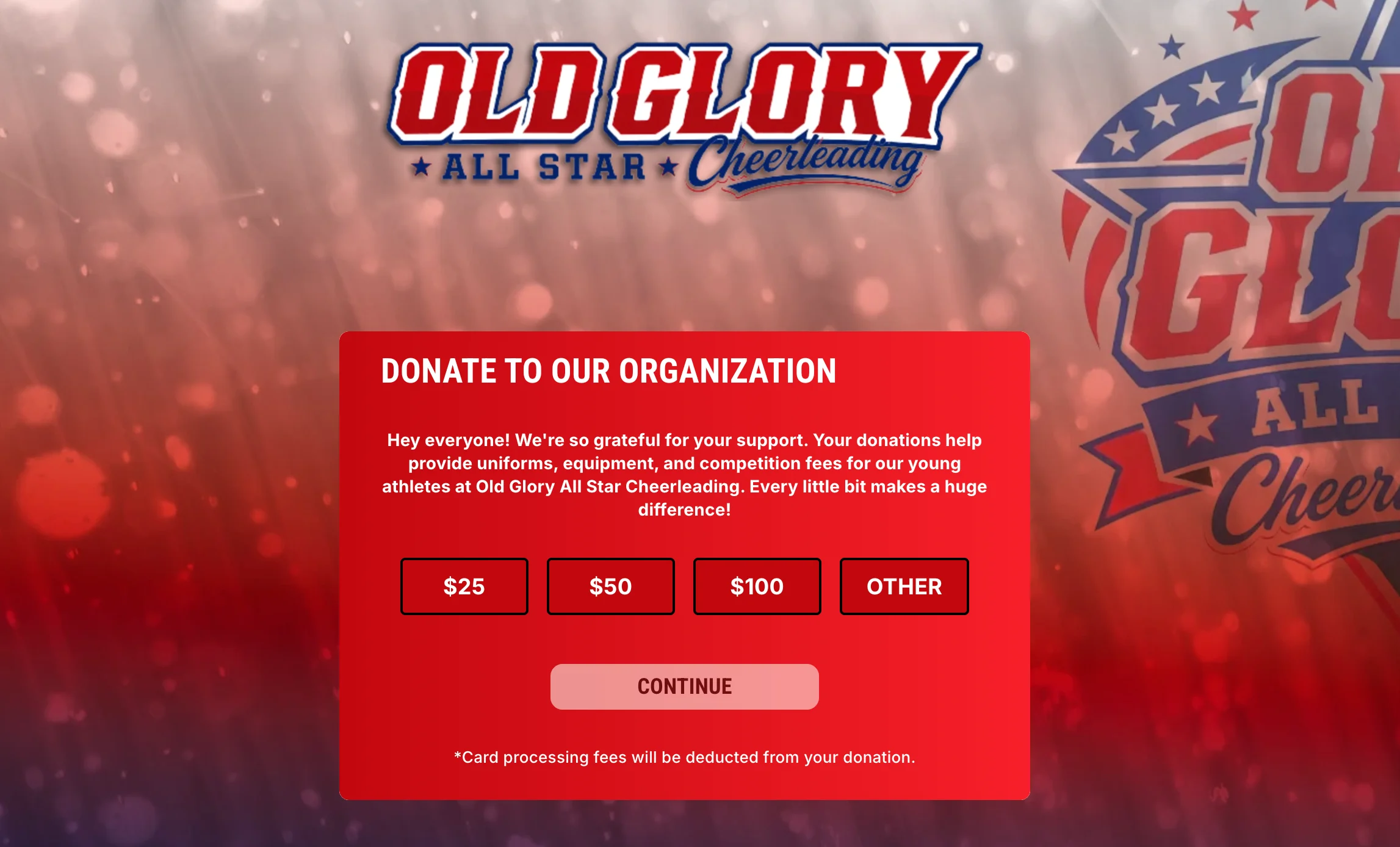 A screenshot of a donation on a cheerleading website