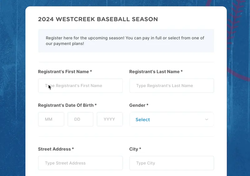 player questions in a youth baseball registration form template