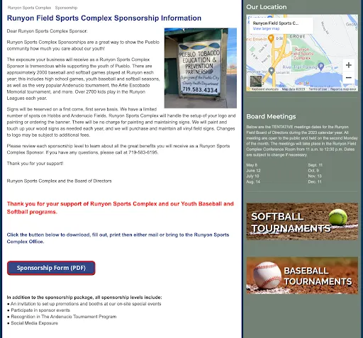 the sponsorship page for runyon field sports complex