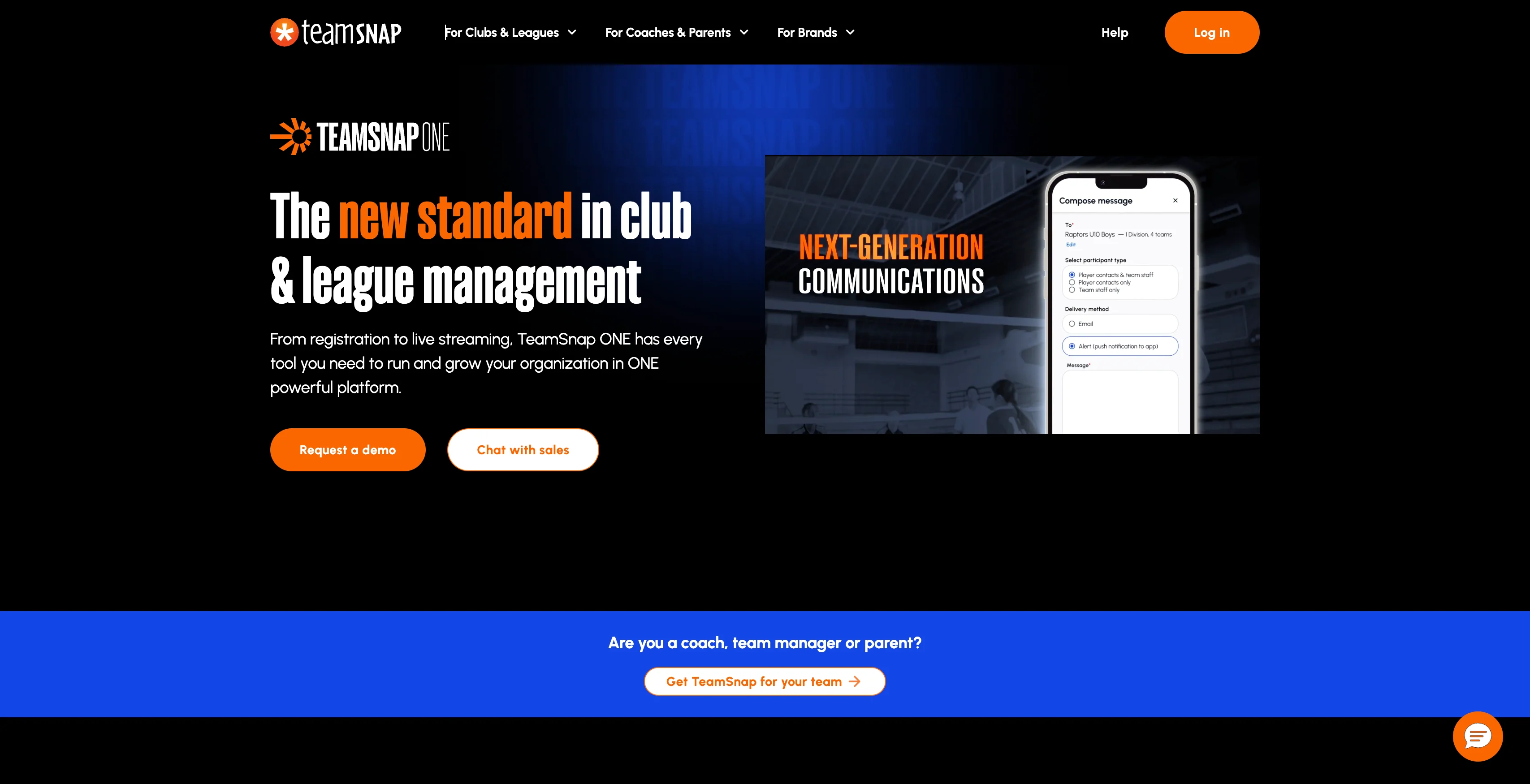 A screenshot of TeamSnap homepage