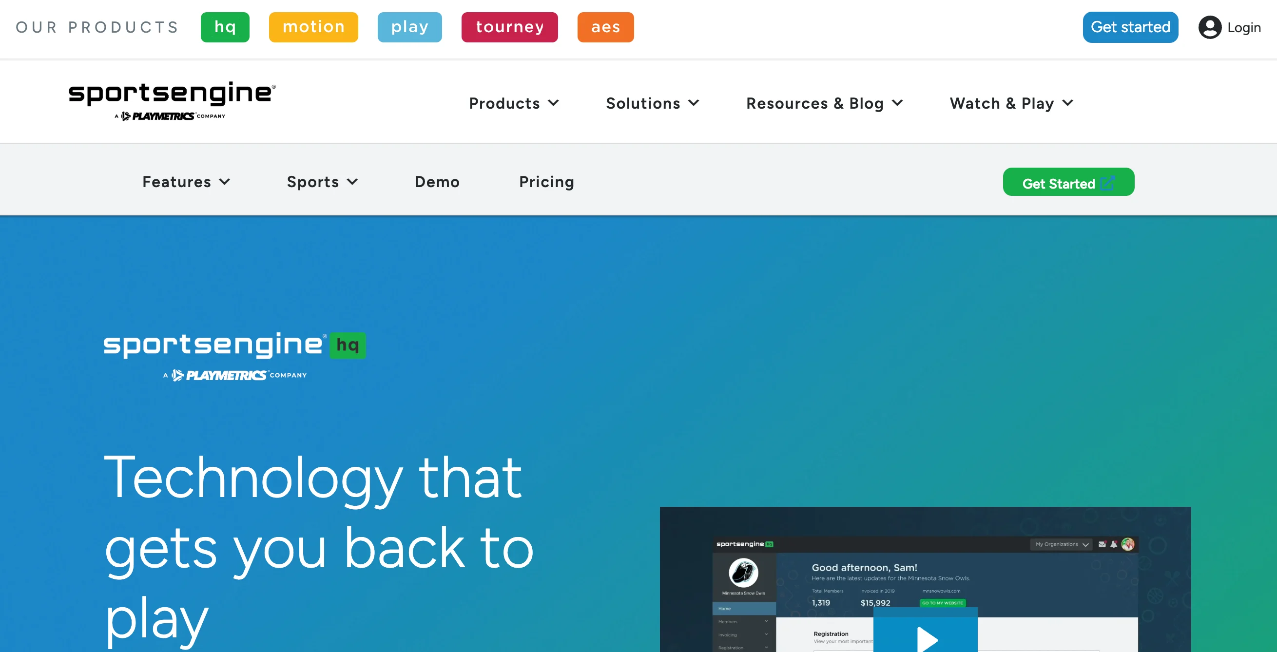 A screenshot of SportsEngineHQ homepage