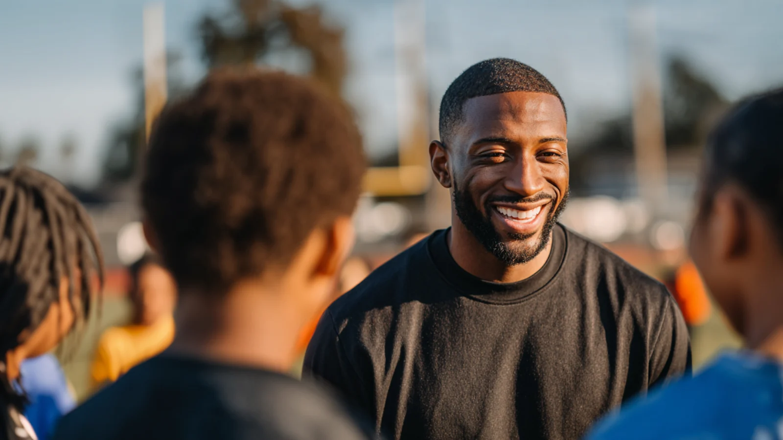 Youth sports coach smiling while looking at his athletes