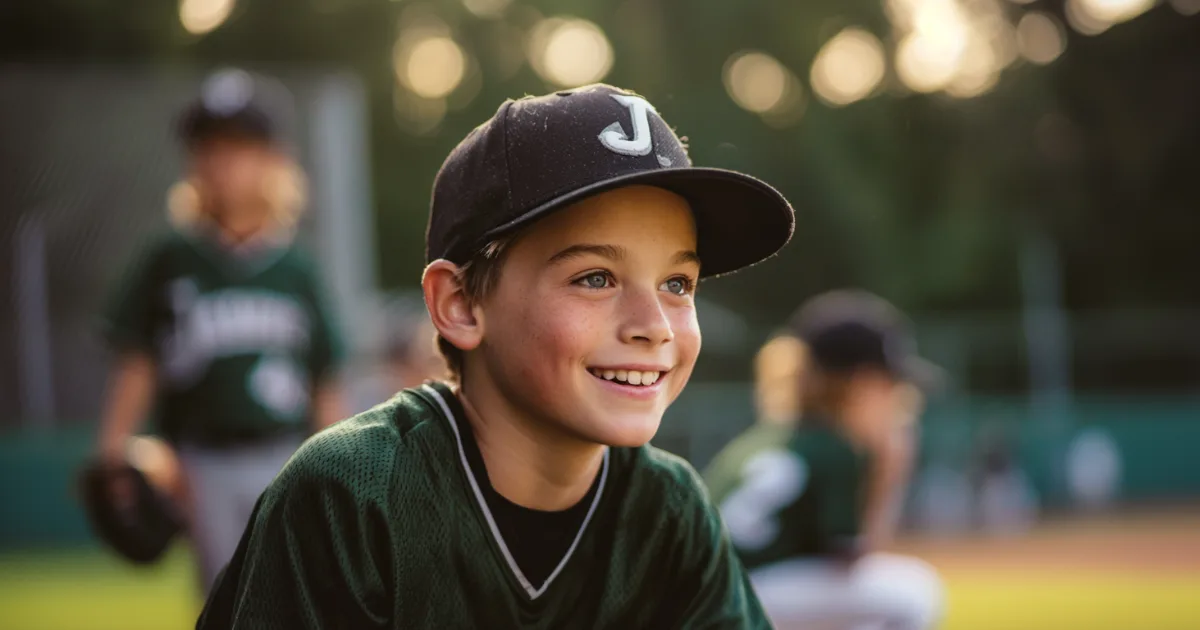 a youth baseball player smiling before a game