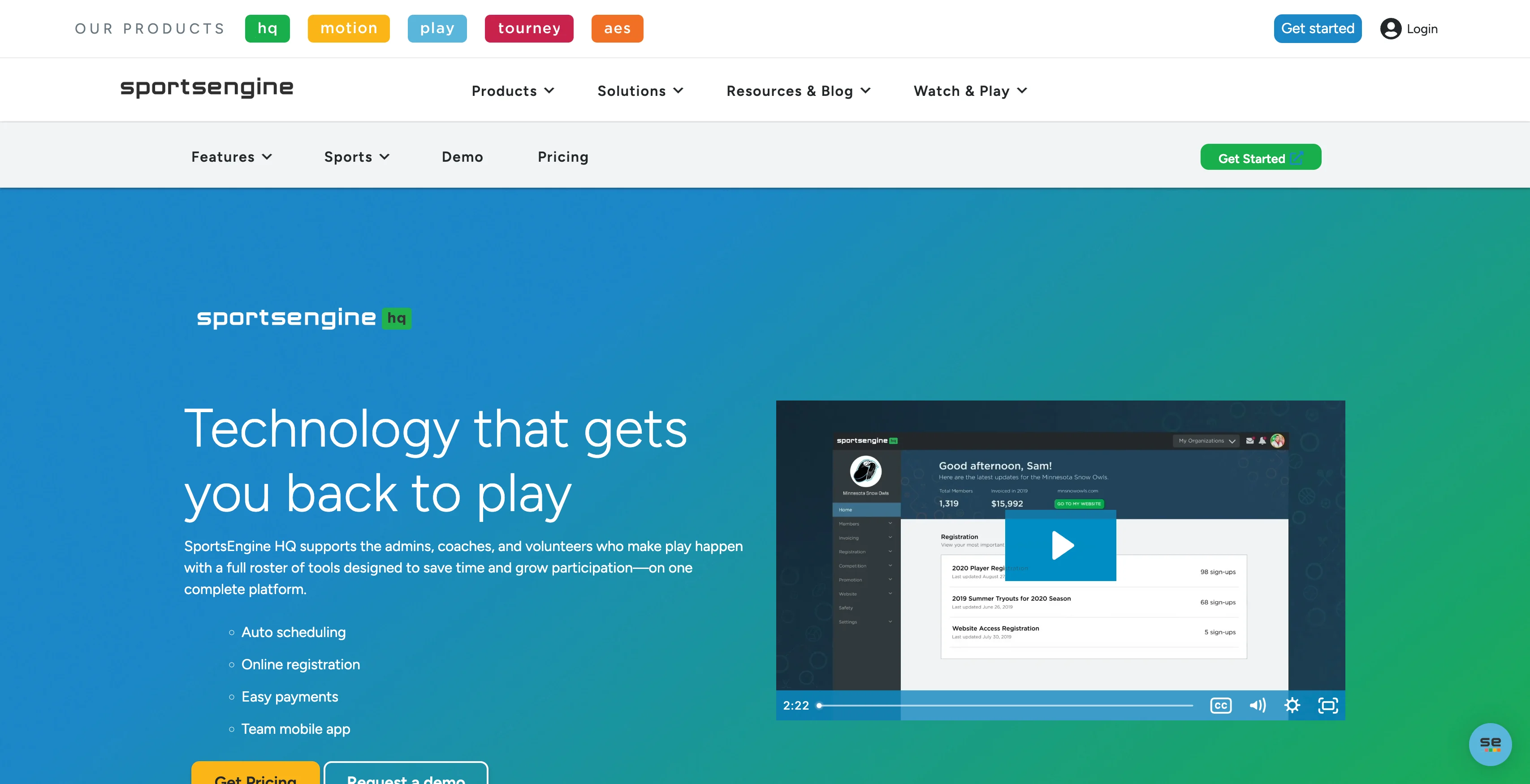 A screenshot of SportsEngine HQ homepage