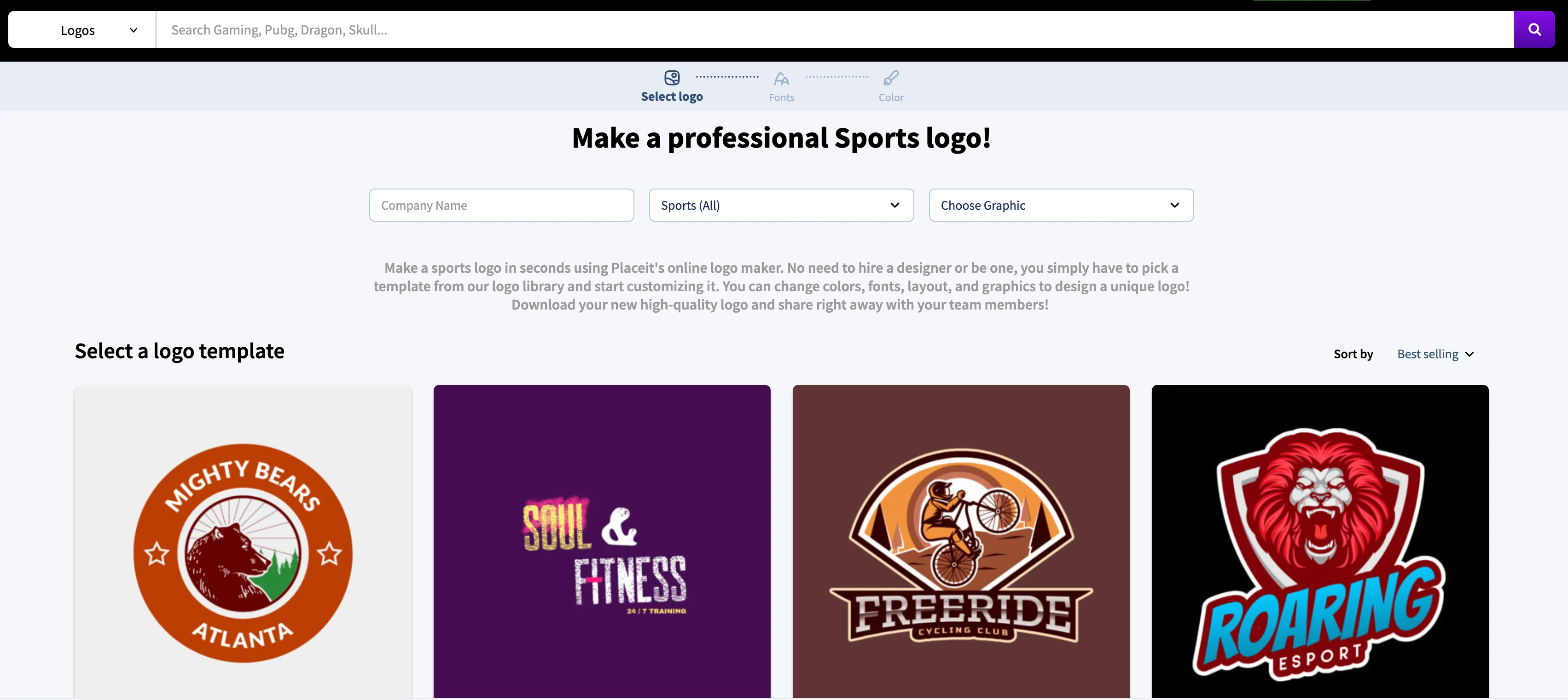 A screenshot of placeit sports logo maker
