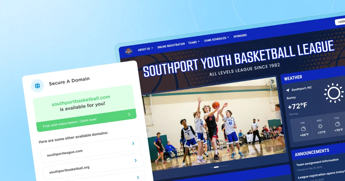 An illustration showing a youth basketball website template and a custom domain