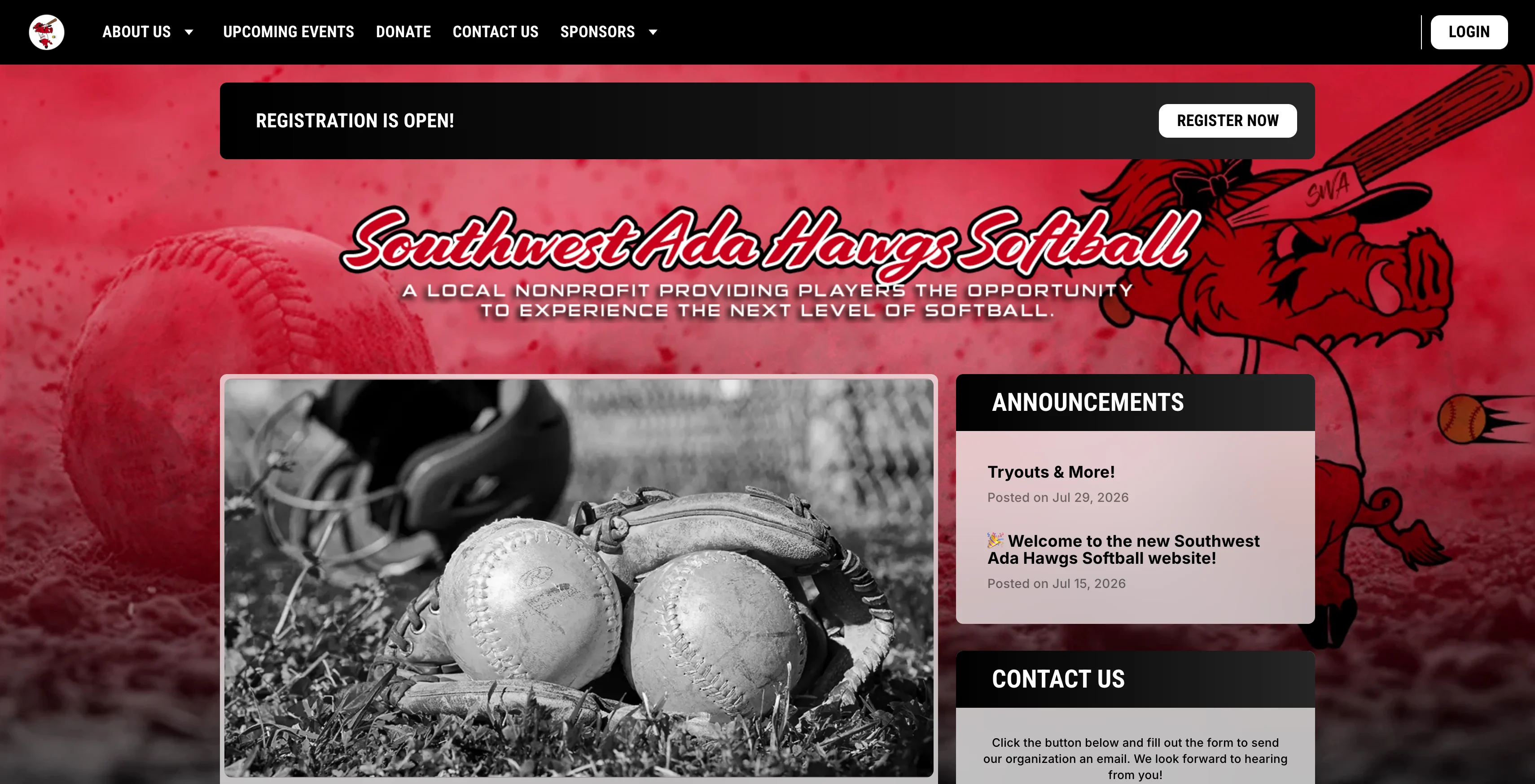 A screenshot of a softball website, Southwest Ada Hawgs Softball
