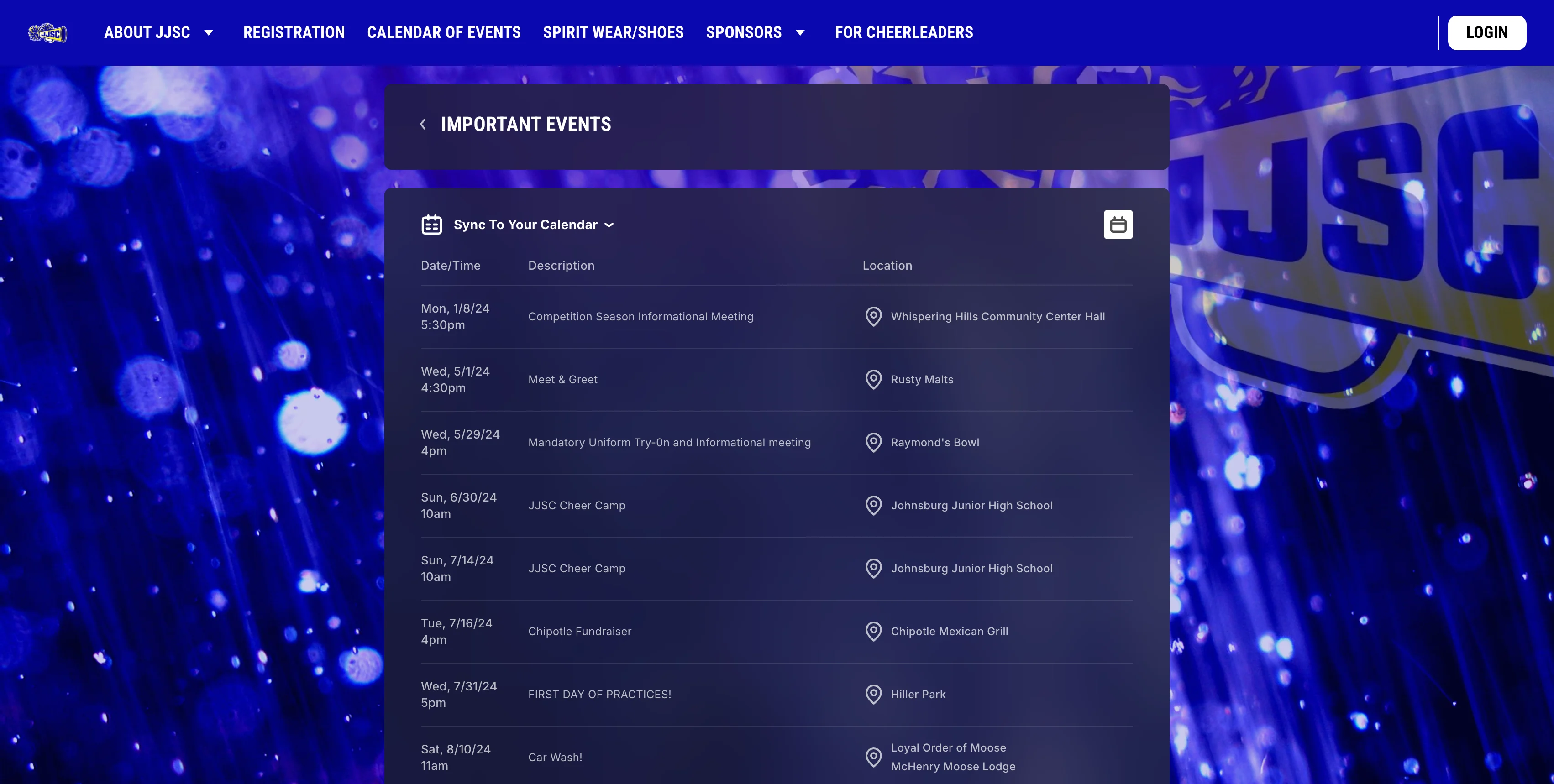 An screenshot of an events page on a cheerleading website