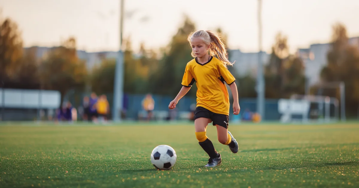 A youth soccer player kicking a ball during a drill
