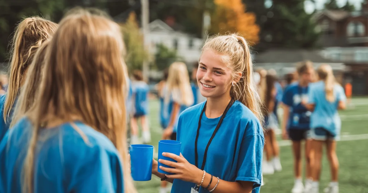 Youth volunteer handing out water to athletes at practice