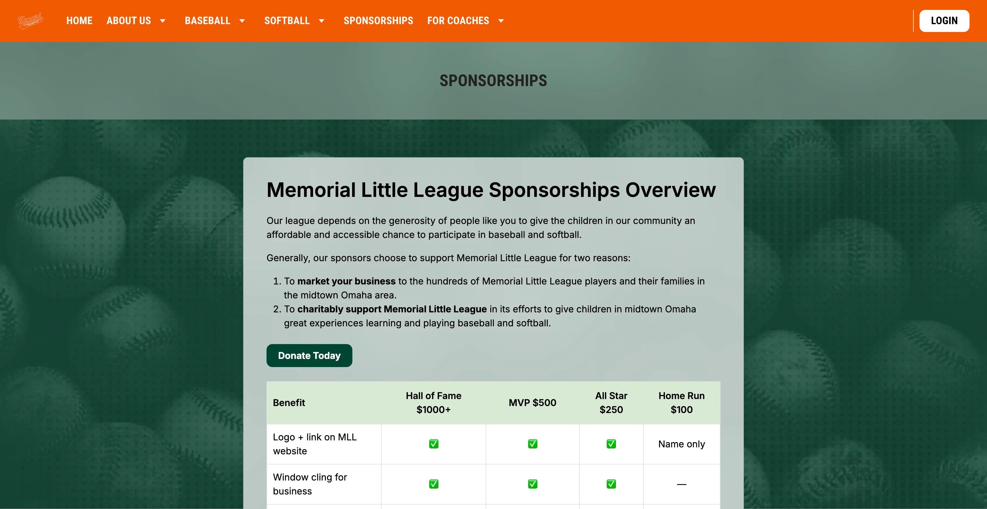 A screenshot of the sponsorship opportunities page for Memorial Little League