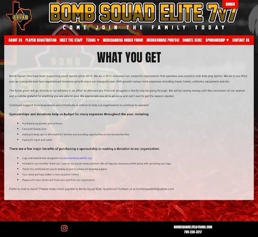 sponsorship page for bomb squad elite youth basketball