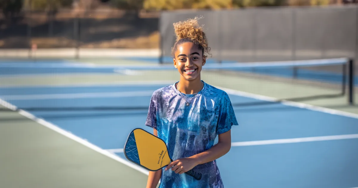 A smiling youth pickleball player holding a paddle on the court
