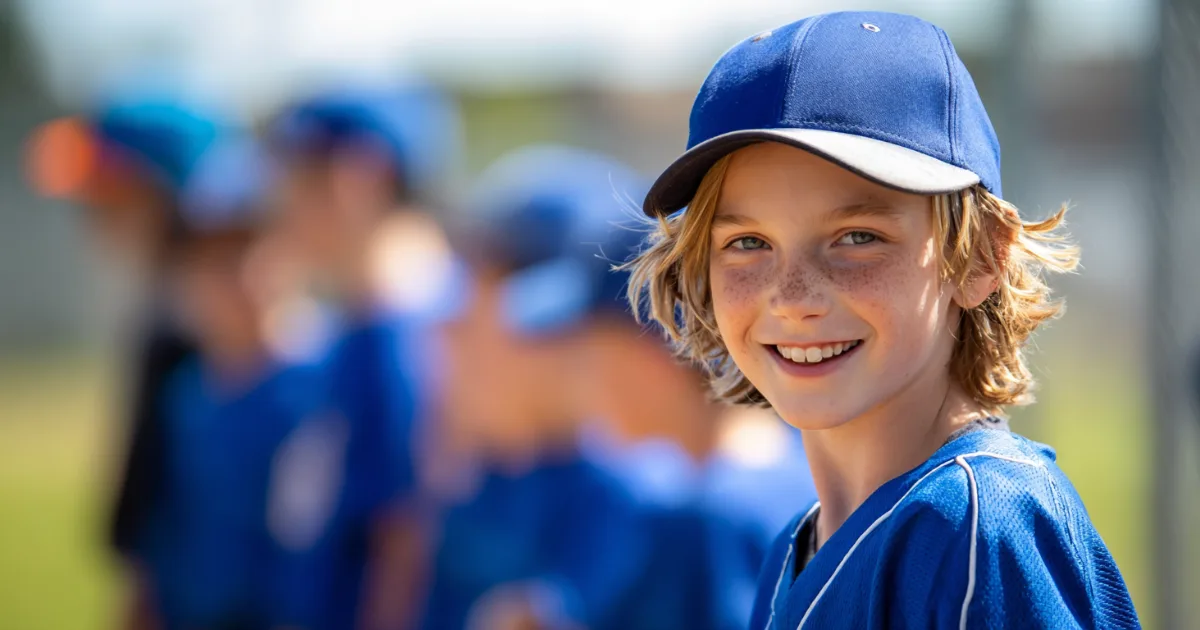 Youth baseball player smiling at the camera