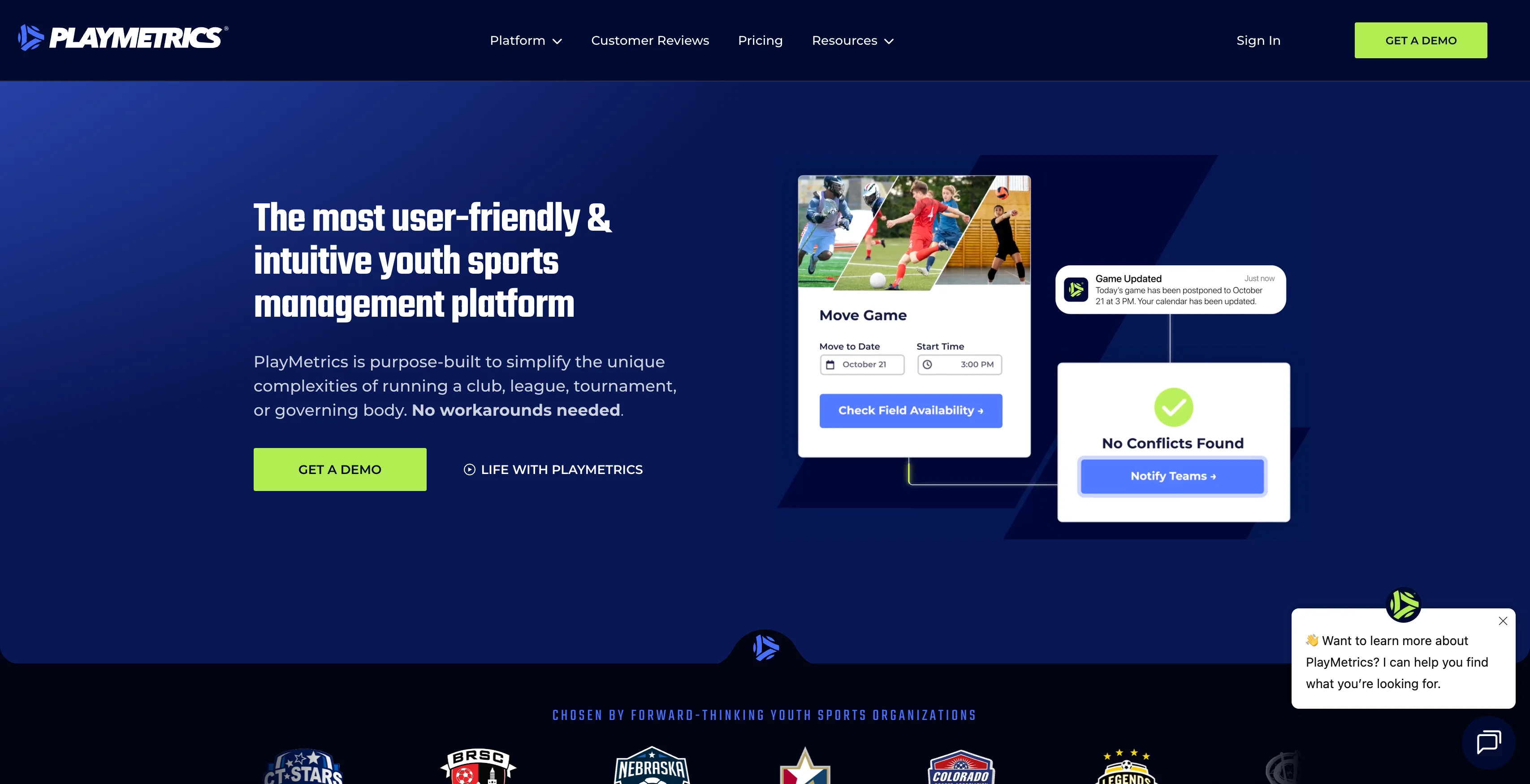 A screenshot of the PlayMetrics homepage