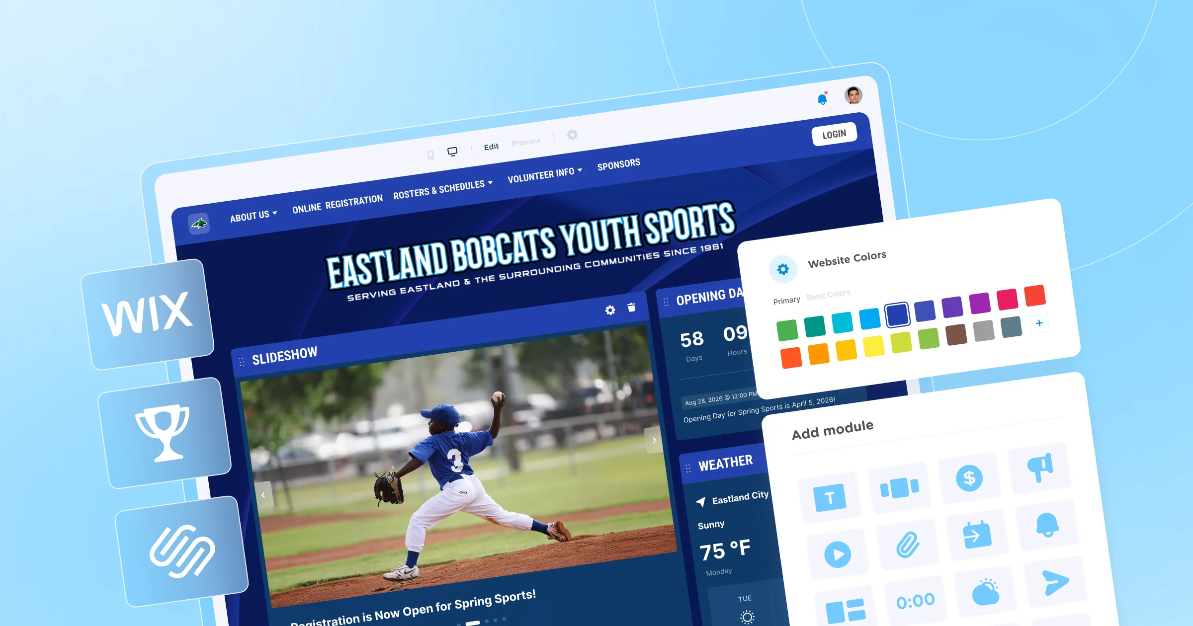 An illustration of a youth sports website builder and logos for Jersey Watch, Wix and Squarespace