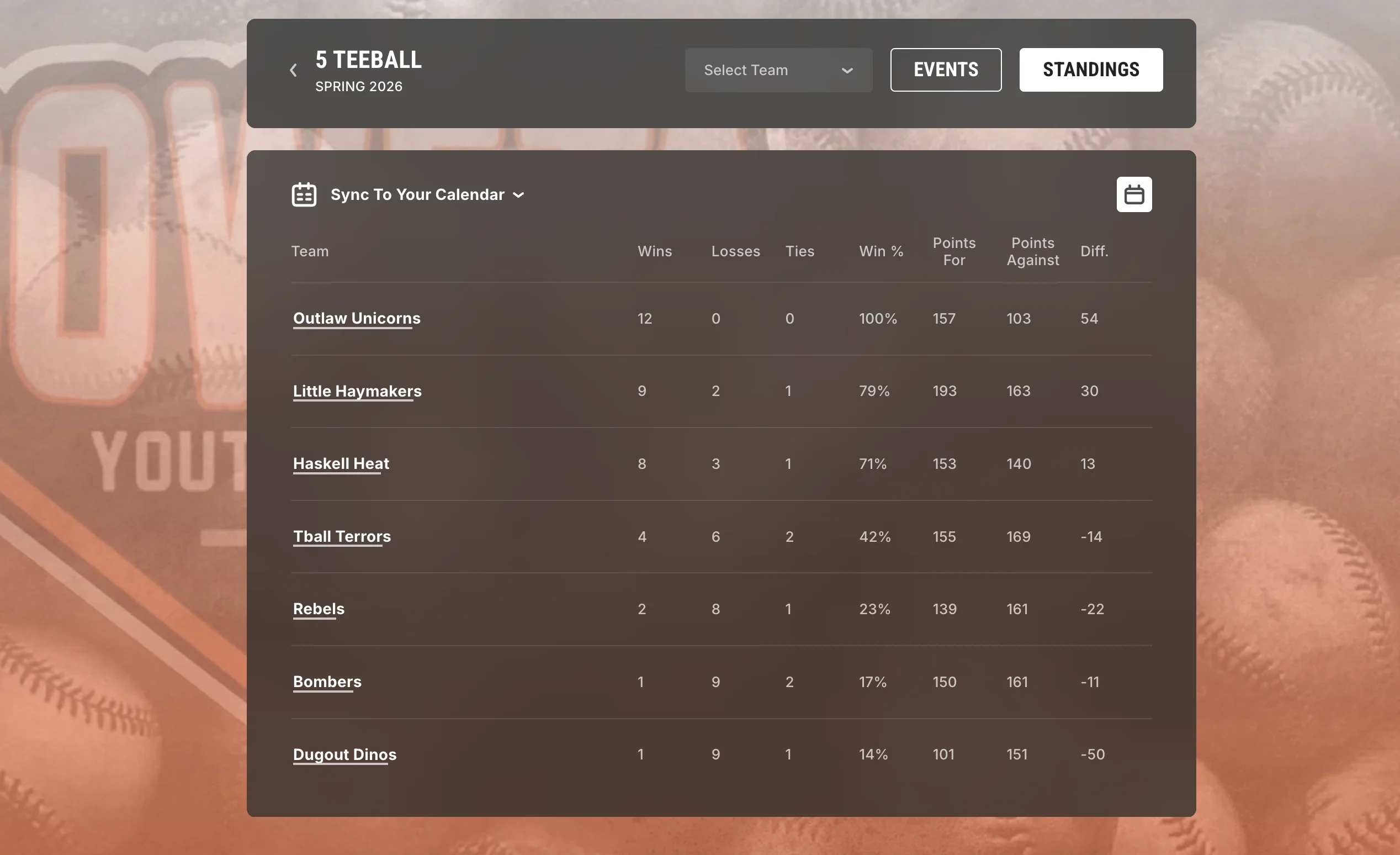 A screenshot of baseball standings created from a schedule generator
