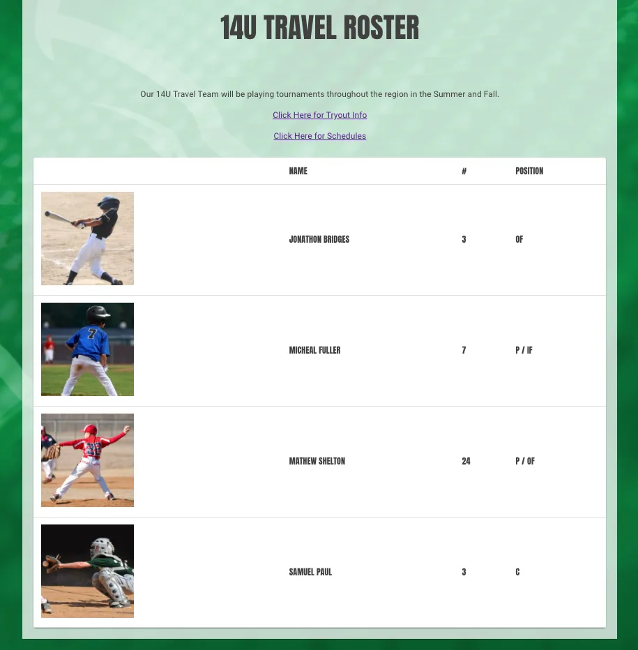 a player roster on a sports website template