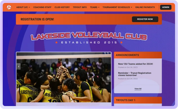 a website builder for volleyball clubs with online payments and registration