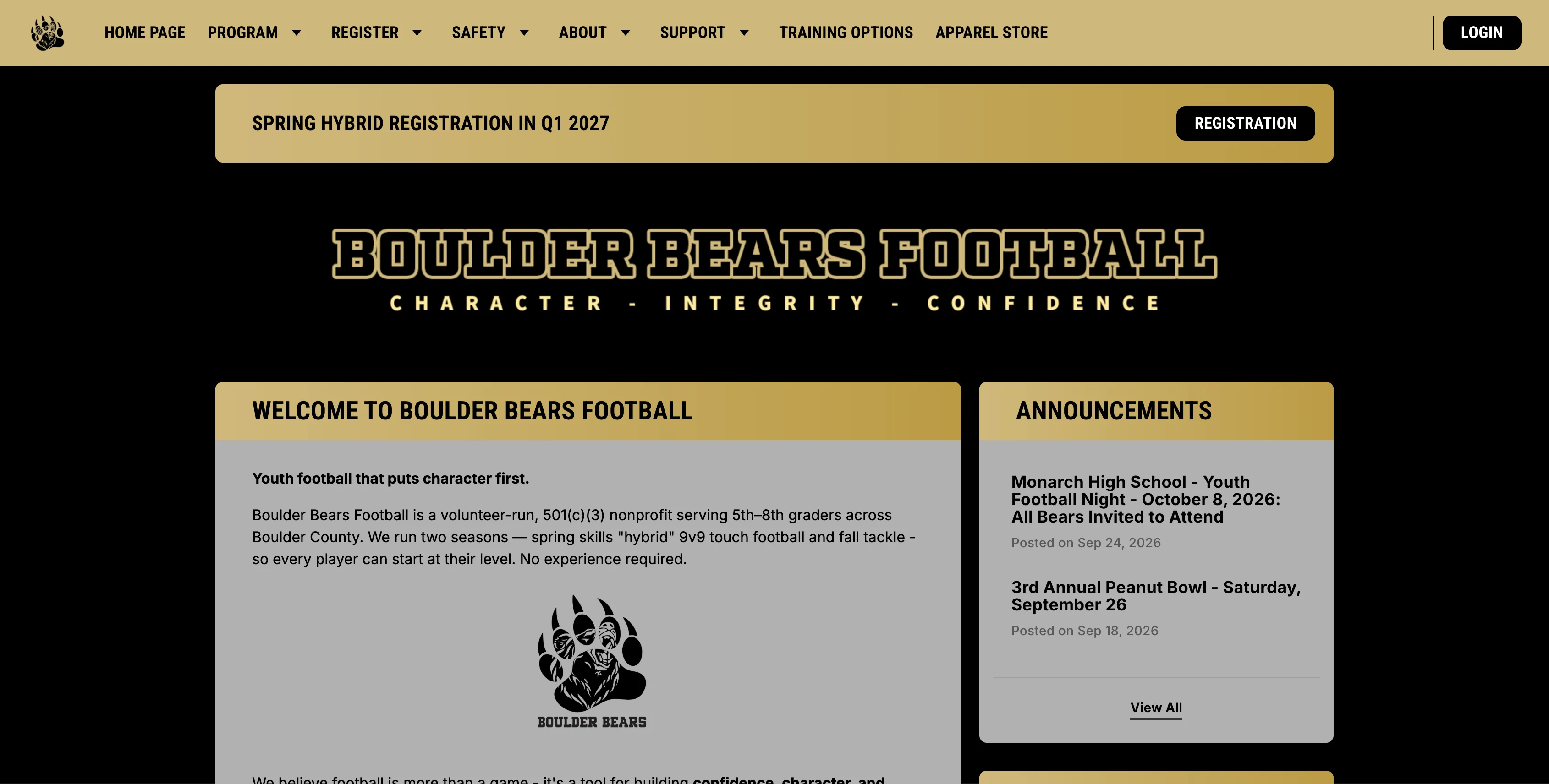 A screenshot of the Boulder Bears Football website