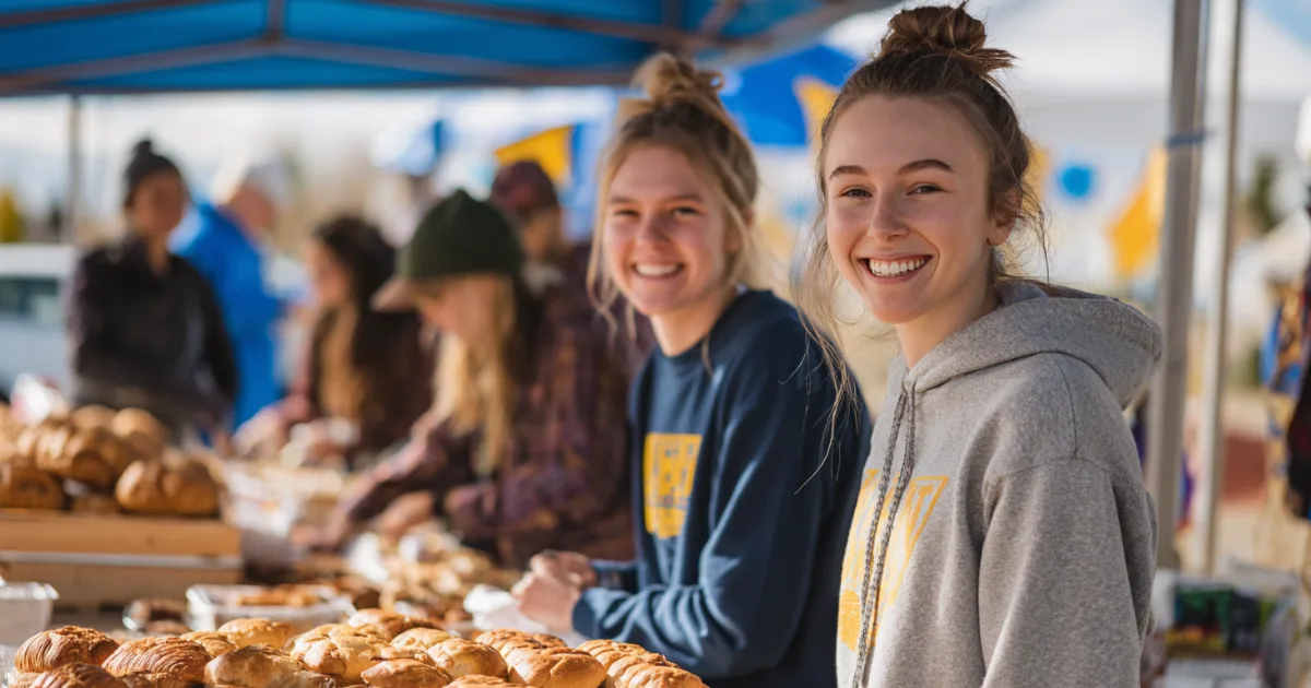 High school booster club members at a bake sale