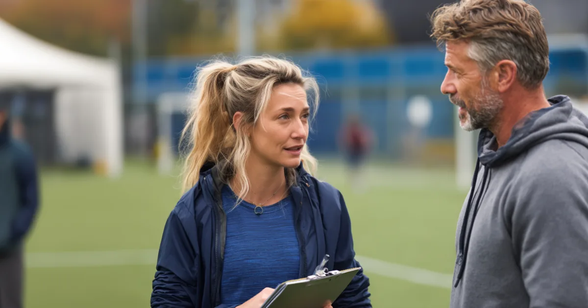 A youth sports coach talking to a parent during a practice