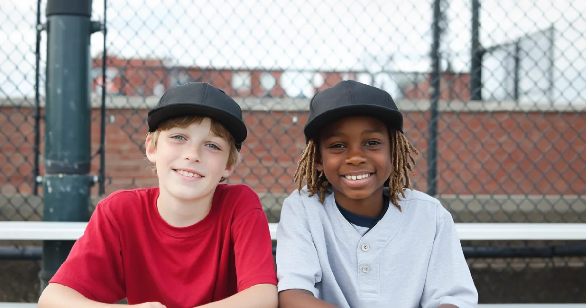 Two youth baseball players sitting on a bench before the game