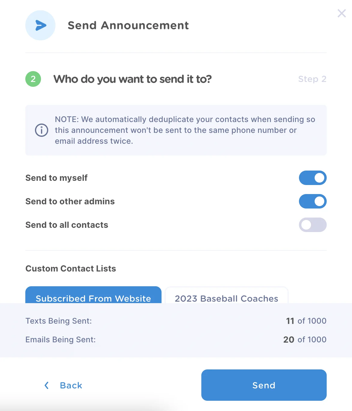 text messaging and email communication system for youth sports