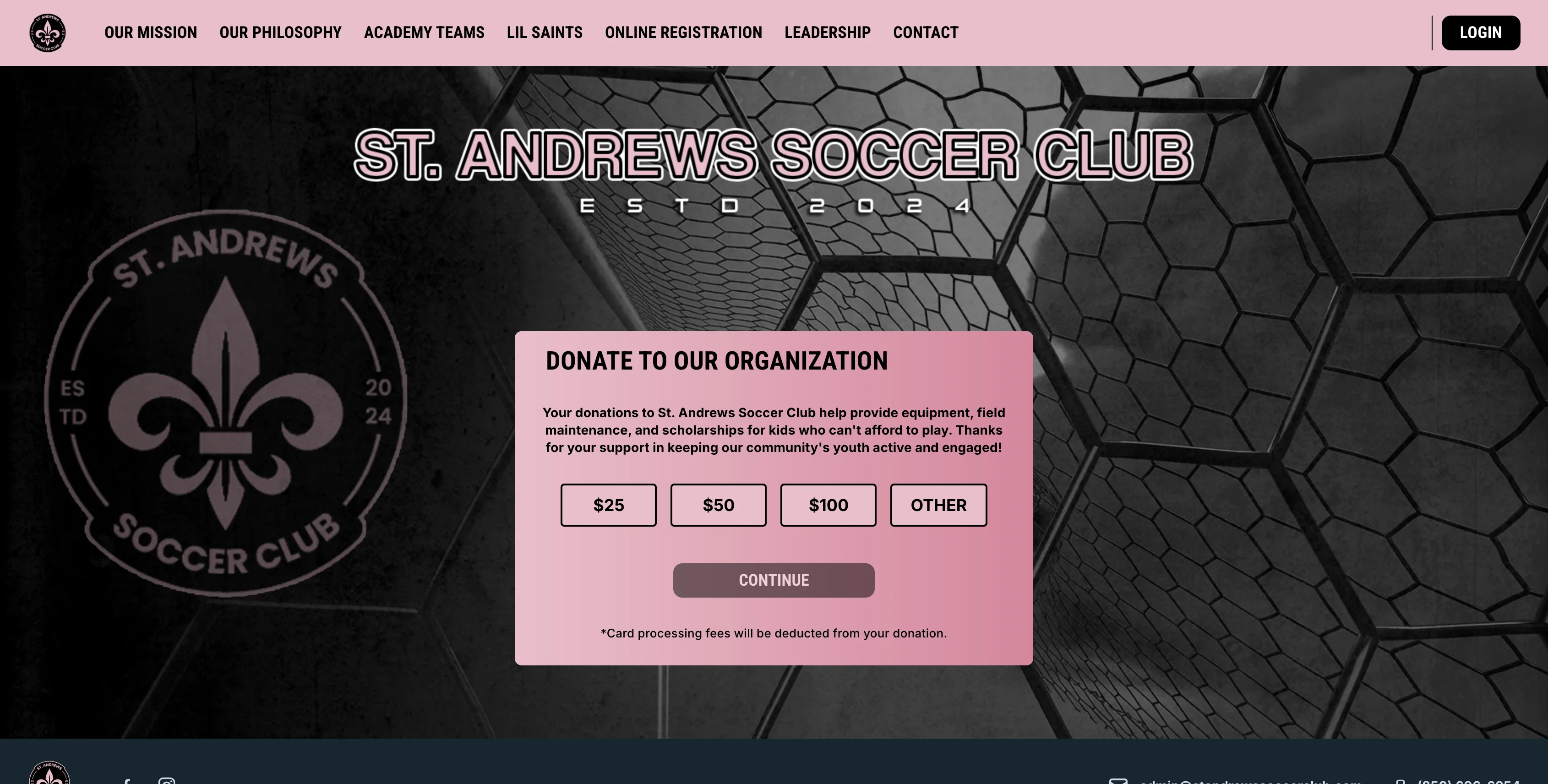 A donation landing page on St. Andrews Soccer Club where website visitors can donate