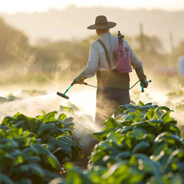 Farmer sprayign pesticide in a field