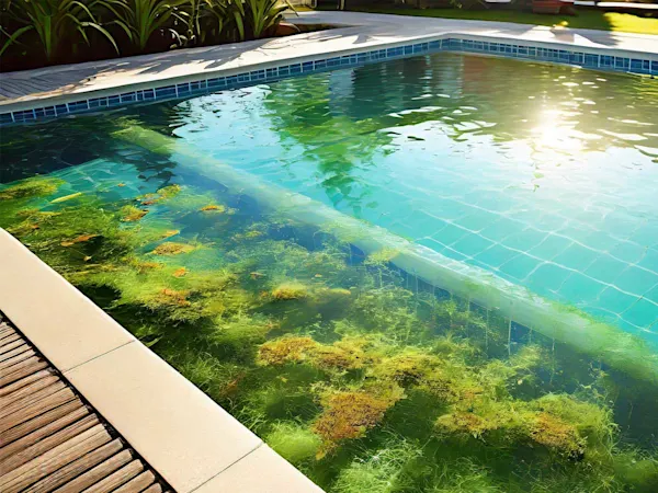 Outside swimming pool with algae on the surface