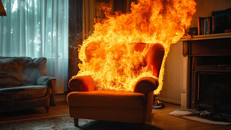 Chair on fire, flame retardent
